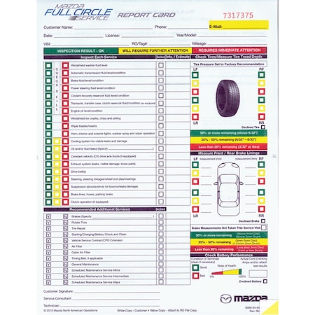 Asp Mazda Multi-Point Inspection Form, 8 1/2" X 11"-2 Part, 250 Per Pk Pk 7294-01